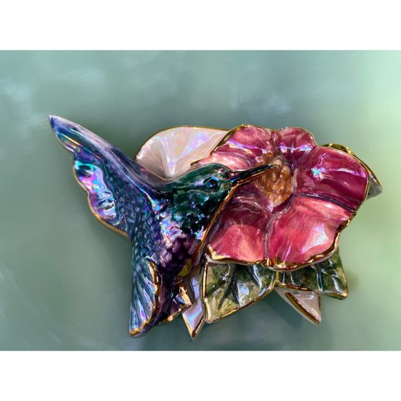 Vintage 1980s Ceramic Artist Made Humming BIrd Flower Brooch - Picture 7 of 10